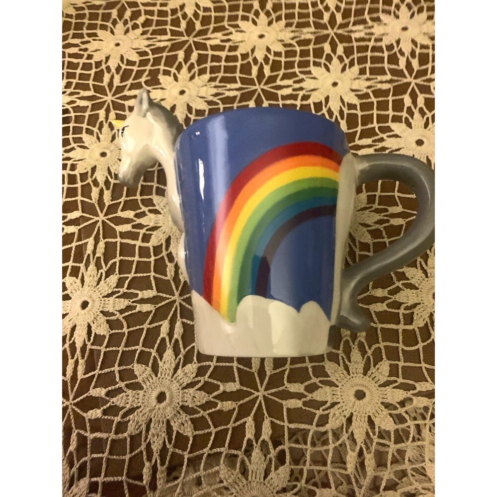 ThinkGeek 3D Unicorn Rainbow Ceramic Mug 16 oz Figural Coffee Cup Small Ear Chip